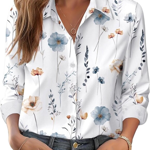 Tops - Brand New Women Dressy Floral Print Button Down Shirt, Xx-large, Bf112